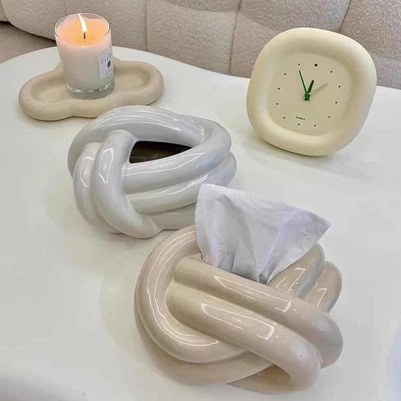 حامل علبة المناديل الخزفية الحديث ذو اللون الكريمي والمجرد لتزيين طاولة القهوة أو سطح المكتب - Image 3